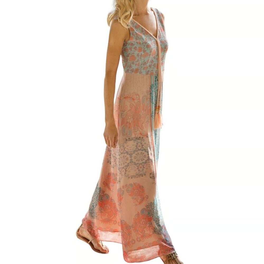 Soft Surroundings Guadalupe Tassel Floral Paisley Crepe Chiffon Maxi Dress Sz S